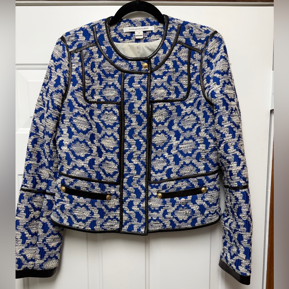 Diane Von Furstenberg Blue and White Leather Trim Jacket Size 8 Women’s Blazer - Picture 2 of 14